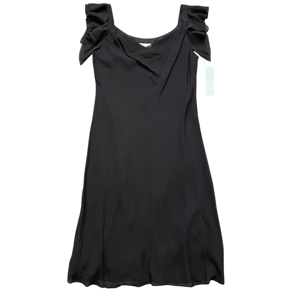 NWT London Times Black Chiffon Ruffle Sleeve Draped Midi Dress Size 12